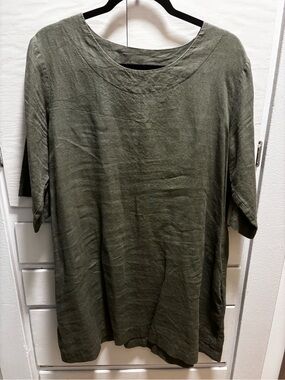 Relaxed Olive Green 100% Linen Mini Dress - Lightweight Casual Shift